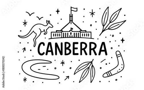 Canberra doodle art: landmark, kangaroo, boomerang, and leaves