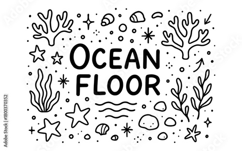 Marine life doodle art with corals, shells, and seaweed