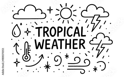 Doodle tropical weather icons with clouds, sun, and thunderstorms