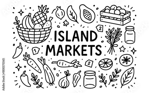 Hand drawn island market: fresh fruits, vegetables, and tropical delights