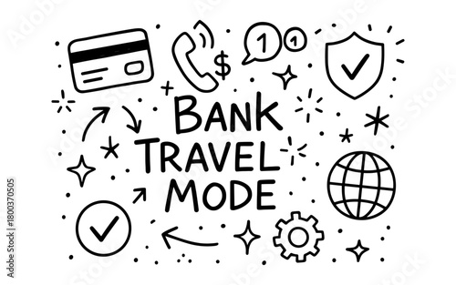 Bank travel mode doodles with card, globe, and icons in sketch style