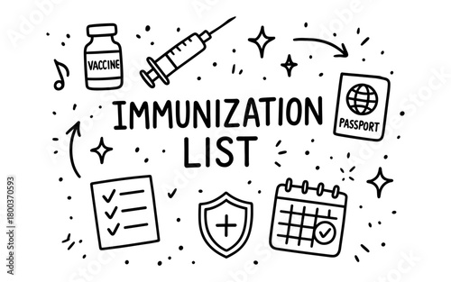 Immunization planning doodle with vaccine, passport, shield, and checklist elements