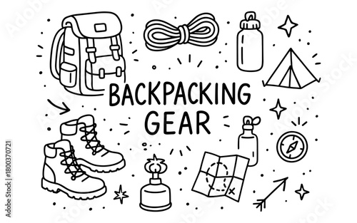 Backpacking gear essentials in hand-drawn doodle style for adventure enthusiasts