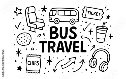 Bus travel doodle elements: seat, bus, ticket, snack, headphones, and drink sketches