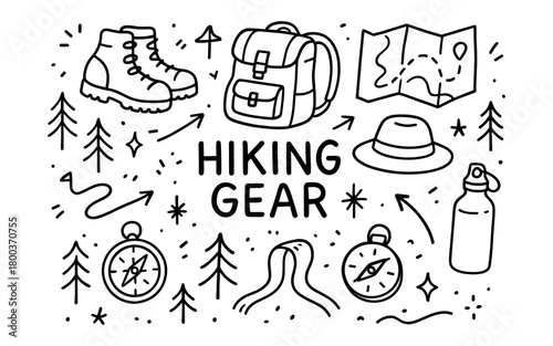 Essential hiking gear doodle featuring backpack, boots, compass, and map