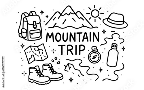 Outdoor adventure icons for a mountain trip in minimalist linear design
