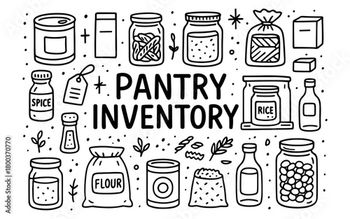 Hand-drawn pantry inventory icons: jars, bottles, and labels for kitchen organization