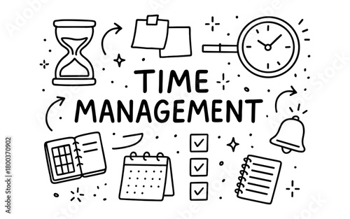 Hand drawn time management icons with clock, calendar, and hourglass