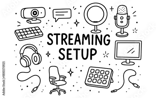 Essential streaming setup in doodle art: microphone, camera, headset, and more