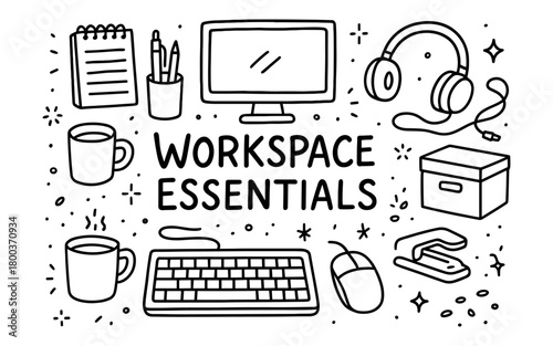 Essential workspace items in a doodle style for creative offices and home studios