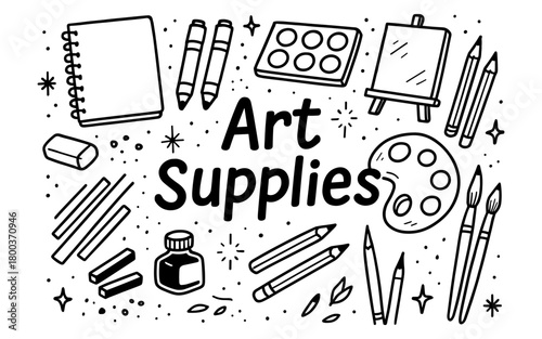 Creative art supplies sketch with doodles featuring pencils, brushes, and easel