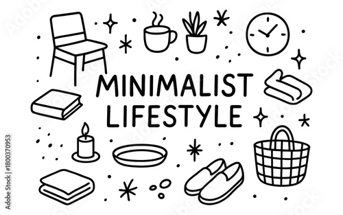 Minimalist lifestyle elements: simple and iconic home symbols in black and white