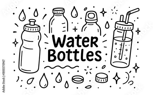 Doodle style water bottles and drops with decorative elements