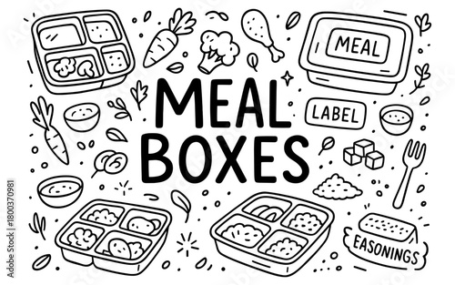 Hand drawn meal box pattern with food and ingredients in doodle style
