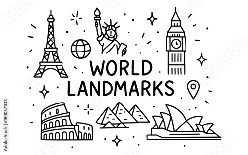 Iconic world landmarks in simple line art style