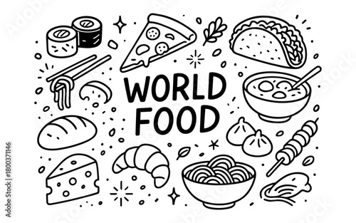 Doodle style world food icons featuring pizza, sushi, tacos, and more