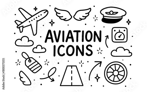 Hand-drawn aviation icons set with airplane, pilot hat, and more