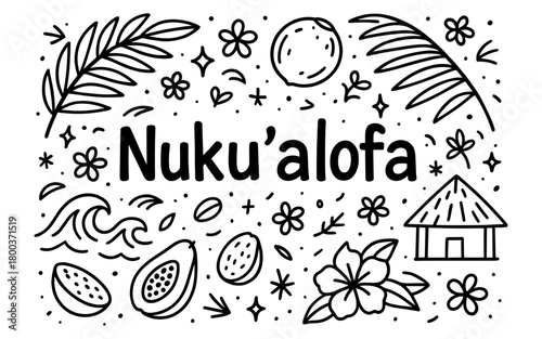 Nuku'alofa doodle art with tropical elements and hand-drawn style