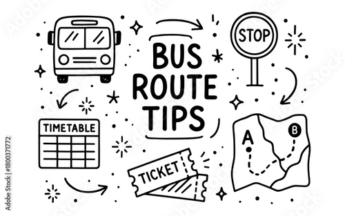 Hand-drawn bus route tips with map, tickets, and timetable elements