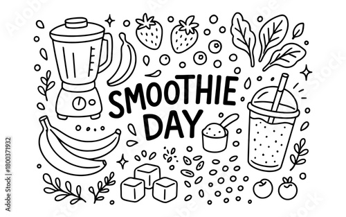 Smoothie day doodle with blender and fruits in black and white line art