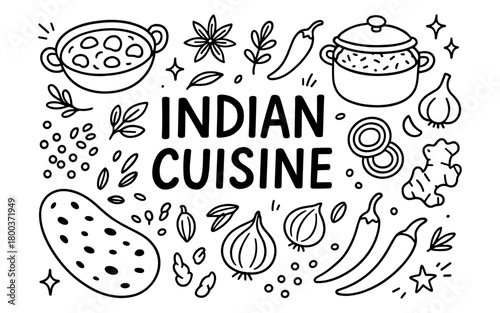 Hand drawn indian cuisine elements with doodles and traditional ingredients
