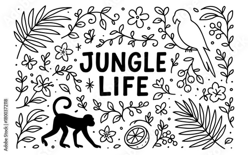 Jungle life: monochrome nature art with monkey, parrot, and foliage