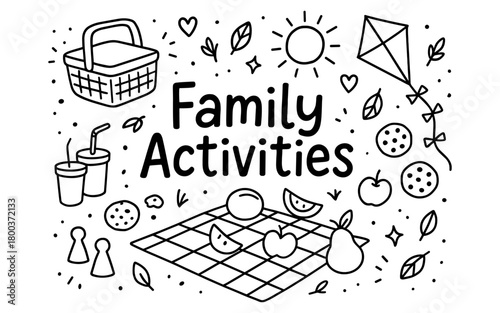 Family activities doodle with picnic and outdoor fun elements