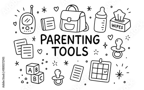 Parenting tools doodle set with baby bottle, bag, pacifier, and calendar
