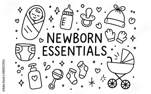 Newborn essentials doodle set: baby items, clothing, accessories, and nursery icons