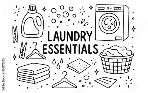 Essential laundry line art with washer, detergent, basket and hangers