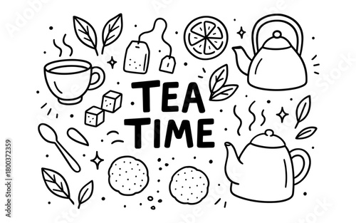Tea time doodles: charming line art of teapots, cups, and biscuits