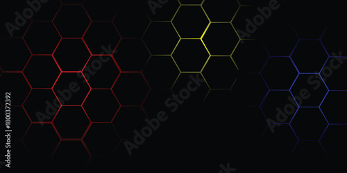 Abstract Digital Hexagon Red-Yellow-Navy blue Gradient Pattern. Glowing Honeycomb Tech Black Background	