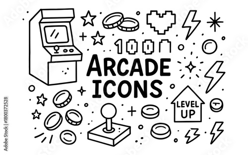 Retro arcade icon set featuring classic game elements and symbols