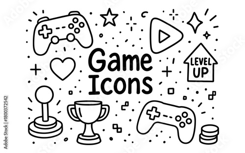 Gaming icons doodle set with outlines including controllers and level up symbols
