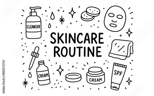 Hand drawn skincare routine elements with cleanser, cream, and face mask