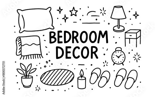 Hand drawn bedroom decor elements with pillow, lamp, and more