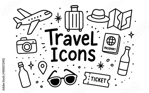 Hand drawn travel icons set: luggage, passport, plane, map, camera, ticket, hat, glasses