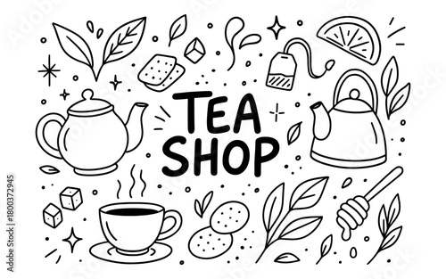 Charming tea shop doodle design with teapots, cups, and leaves