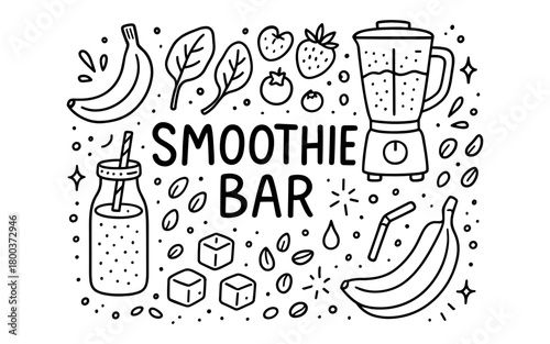 Monochrome smoothie bar elements with blender and fruit for cafe decor