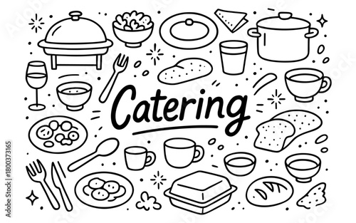 Catering doodles: hand drawn kitchenware and food elements in black and white