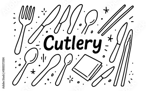 Hand drawn kitchen cutlery collection with doodles and text elements