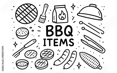 Hand drawn bbq essentials: grill, utensils, and food icons in black and white
