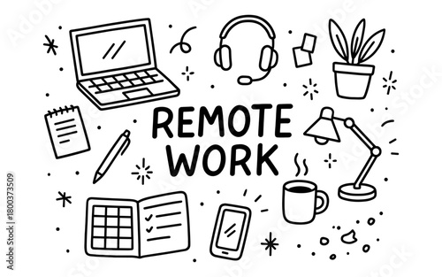 Hand-drawn remote work icons with office supplies and technology