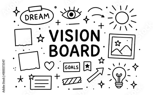 Vision board doodle concept with dreams and goals in black and white