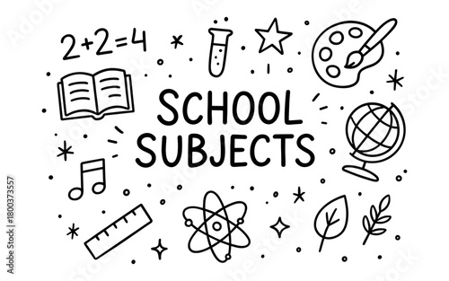 Doodle style school subjects with science, art, and music elements