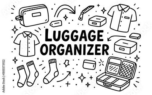 Packing essentials set with luggage organizer and travel accessories in doodle style