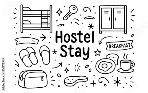Hostel stay elements: doodle icons of bedroom, breakfast, and essentials in black and white