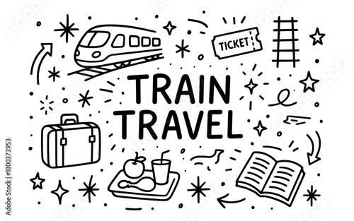 Doodle train travel concept with iconic elements and text