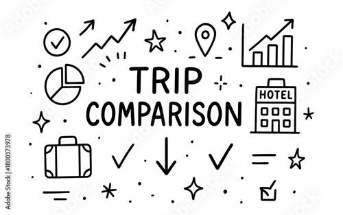 Travel data analysis with hand-drawn icons and graphs for trip comparison