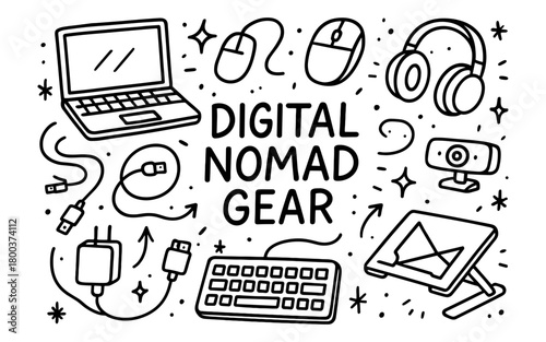 Hand-drawn digital nomad gear collection with laptop, headphones, and accessories